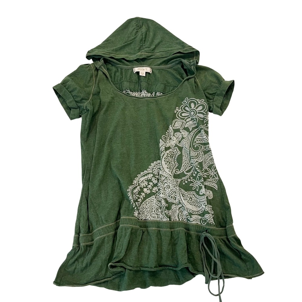 Y2K Decree Green Burnout Boho Hooded Paisley Print Ruffle Hem Top - Size XL